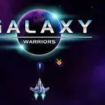 Uzay temalı bir arka plan üzerinde parlak ışık saçan bir gezegen, GALAXY WARRIORS yazısı ve alt kısmında bir uzay aracı