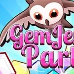 Pembe yazılı Gem Jem Party metni üzerinde uçan bir baykuş ve çeşitli renkli elmaslar