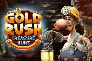 Bir madencilik temalı görüntüde, kask takmış ve elinde fener tutan bir karakter yanında büyük, parlak harflerle GOLD RUSH TREASURE HUNT yazısı