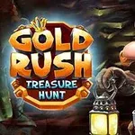 Bir madencilik temalı görüntüde, kask takmış ve elinde fener tutan bir karakter yanında büyük, parlak harflerle GOLD RUSH TREASURE HUNT yazısı