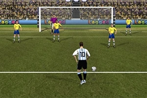 Beyaz formayla 10 numaralı futbolcu, kaleci ve duvar oluşturan dört oyuncunun karşısında penaltı atışına hazırlanıyor