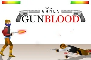 Bir silahlı çatışmada, ayakta duran bir kovboy yere düşmüş bir rakibe ateş ediyor; üstte GUNBLOOD yazısı ve iki silah resmi bulunuyor