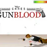 Bir silahlı çatışmada, ayakta duran bir kovboy yere düşmüş bir rakibe ateş ediyor; üstte GUNBLOOD yazısı ve iki silah resmi bulunuyor