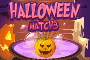 Mor arka plan önünde HALLOWEEN MATCH 3 yazısı ve mor bir kazanın içinde gülen yüz ifadesine sahip turuncu bir balkabağı