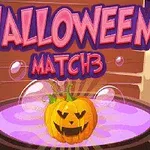 Mor arka plan önünde HALLOWEEN MATCH 3 yazısı ve mor bir kazanın içinde gülen yüz ifadesine sahip turuncu bir balkabağı