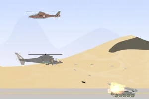 Çöl manzarasında bir tankın patladığı ve üzerinde iki helikopterin yer aldığı sahne