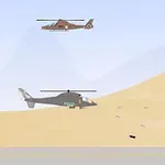 Çöl manzarasında bir tankın patladığı ve üzerinde iki helikopterin yer aldığı sahne