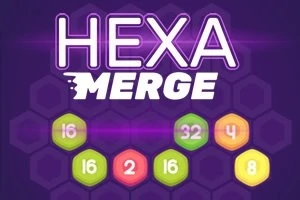 Mor arka plan üzerinde HEXA MERGE yazısı ve çeşitli numaraların bulunduğu altıgenler