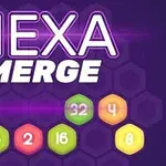 Mor arka plan üzerinde HEXA MERGE yazısı ve çeşitli numaraların bulunduğu altıgenler