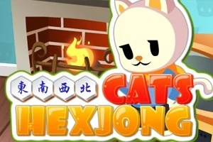 Kedili çizgi karakterin önünde bir şömine ve Cats Hexjong yazısı
