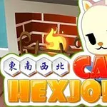 Kedili çizgi karakterin önünde bir şömine ve Cats Hexjong yazısı