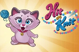 Pembe bir kedi ve yün topu ile Hit or Knit yazısı