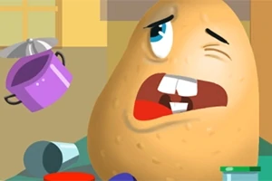 Yüz ifadesi üzgün olan bir patates, mutfak eşyalarıyla çevrili olarak çizilmiş