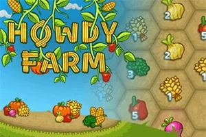 Gökyüzü ve bulutların altında, Howdy Farm yazısı, mısır ve domateslerle süslenmiş, alt tarafta çeşitli sebzeler ve sağda altıgen kutularda sayı değerleriyle gösterilmiş ürünler