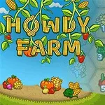 Gökyüzü ve bulutların altında, Howdy Farm yazısı, mısır ve domateslerle süslenmiş, alt tarafta çeşitli sebzeler ve sağda altıgen kutularda sayı değerleriyle gösterilmiş ürünler
