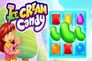 Kırmızı saçlı bir kız çocuğu, renkli şekerlerin yer aldığı bir ızgara ve Ice Cream Candy yazısı