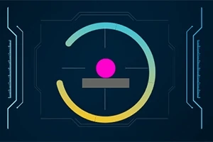 Mavi arka plan üzerinde ortada pembe bir top, yarım daire şeklinde renkli bir çember ve altında gri bir platform