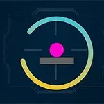Mavi arka plan üzerinde ortada pembe bir top, yarım daire şeklinde renkli bir çember ve altında gri bir platform