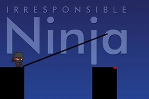 Koyu mavi bir arka planda, Irresponsible Ninja yazısının önünde duran bir ninja karakteri ve bir çubuk tutuyor, iki platform arasında duruyor