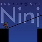 Koyu mavi bir arka planda, Irresponsible Ninja yazısının önünde duran bir ninja karakteri ve bir çubuk tutuyor, iki platform arasında duruyor