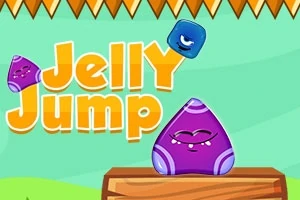 Mor ve mavi renkli sevimli jöle karakterlerin tahta platform üzerindeki çizimi, üstte Jelly Jump ifadesiyle