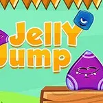 Mor ve mavi renkli sevimli jöle karakterlerin tahta platform üzerindeki çizimi, üstte Jelly Jump ifadesiyle