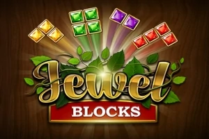 Ahşap arka plan üzerinde, yapraklar ve renkli mücevher bloklarının çevrelediği Jewel Blocks yazısı