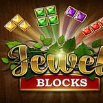 Ahşap arka plan üzerinde, yapraklar ve renkli mücevher bloklarının çevrelediği Jewel Blocks yazısı