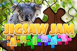 Yapboz şeklinde parçalar arasında bir koala ve üzerinde Jigsaw Jam Animal yazısı