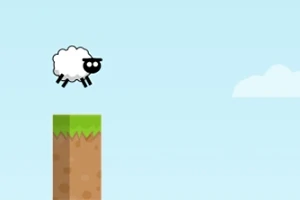 Kareli bir platform üzerinde, mavi gökyüzünün önünde zıplayan beyaz ve siyah gözlü bir koyun