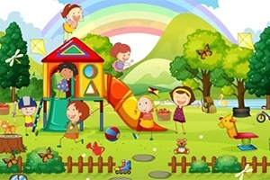Çocukların oyun parkında kaydırakla oynadığı, neşeli bir açık hava sahnesi