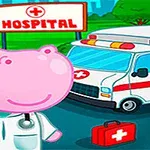 Pembe renkte hemşire şapkalı hipopotam, ambulans ve hastane tabelası ile birlikte bir hastane ortamında yer alıyor