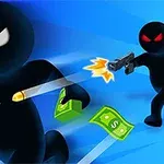 Siyah siluetli bir figür, bir elinde yeşil para destesiyle önde koşarken arkasında silahla ateş eden başka bir figür var