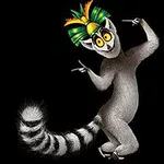Yeşil, sarı ve turuncu tüylerle süslenmiş taç takan, gösterişli bir duruş sergileyen gri lemur karakteri