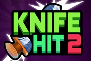 Yeşil ve kırmızı büyük harflerle yazılmış KNIFE HIT 2 metni ile arka planda koyu mor renk üzerine yerleştirilmiş patlayan bıçak görselleri