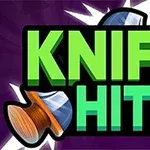 Yeşil ve kırmızı büyük harflerle yazılmış KNIFE HIT 2 metni ile arka planda koyu mor renk üzerine yerleştirilmiş patlayan bıçak görselleri