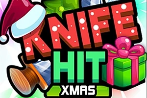 Kırmızı, beyaz kar tanesi desenli Noel şapkası, renkli hediye paketi ve ahşap saplı bıçak içeren Knife Hit Xmas yazılı renkli grafik