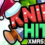Kırmızı, beyaz kar tanesi desenli Noel şapkası, renkli hediye paketi ve ahşap saplı bıçak içeren Knife Hit Xmas yazılı renkli grafik