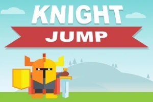 Sarı ve turuncu zırhlı bir şövalye, kalkan ve kılıçla yeşil bir alanda duruyor; üst kısımda büyük beyaz harflerle yazılmış KNIGHT JUMP ifadesi yer alıyor