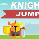 Sarı ve turuncu zırhlı bir şövalye, kalkan ve kılıçla yeşil bir alanda duruyor; üst kısımda büyük beyaz harflerle yazılmış KNIGHT JUMP ifadesi yer alıyor