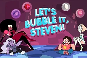 Dört çizgi film karakteri, renkli arka plan üzerinde otururken Lets Bubble It, Steven!