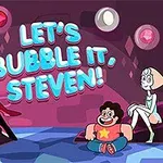 Dört çizgi film karakteri, renkli arka plan üzerinde otururken Lets Bubble It, Steven!