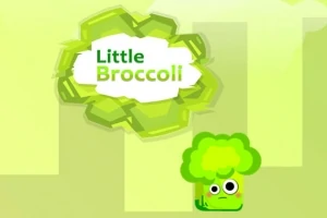 Yeşil tonlarda arka plan üzerinde Little Broccoli yazısı ve sevimli yüz ifadesi olan bir brokoli karakteri