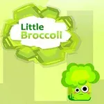 Yeşil tonlarda arka plan üzerinde Little Broccoli yazısı ve sevimli yüz ifadesi olan bir brokoli karakteri