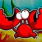 Kırmızı bir yengeç, karikatür tarzında büyük gözlerle ve arka planda deniz yosunu olan bir okyanus sahnesinde