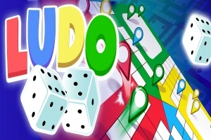 Büyük harflerle LUDO yazısı, renkli bir tahta, zarlar ve çeşitli renklerde piyonlar