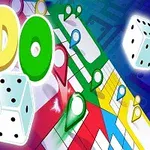 Büyük harflerle LUDO yazısı, renkli bir tahta, zarlar ve çeşitli renklerde piyonlar