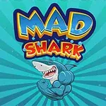 Mavi fon üzerinde güçlü görünen, kaslı bir köpekbalığı figürü ve üstünde MAD SHARK yazısı