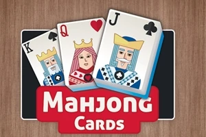 Tahta zemin üzerinde ortada kırmızı Mahjong Cards yazısının bulunduğu, üç iskambil kartını gösteren bir görüntü