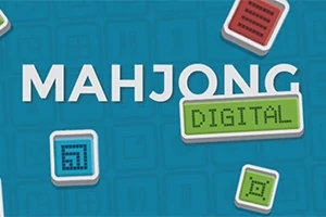 Mavi arka plan üzerinde MAHJONG ve DIGITAL yazıları, etrafında renkli kare desenli taşlar